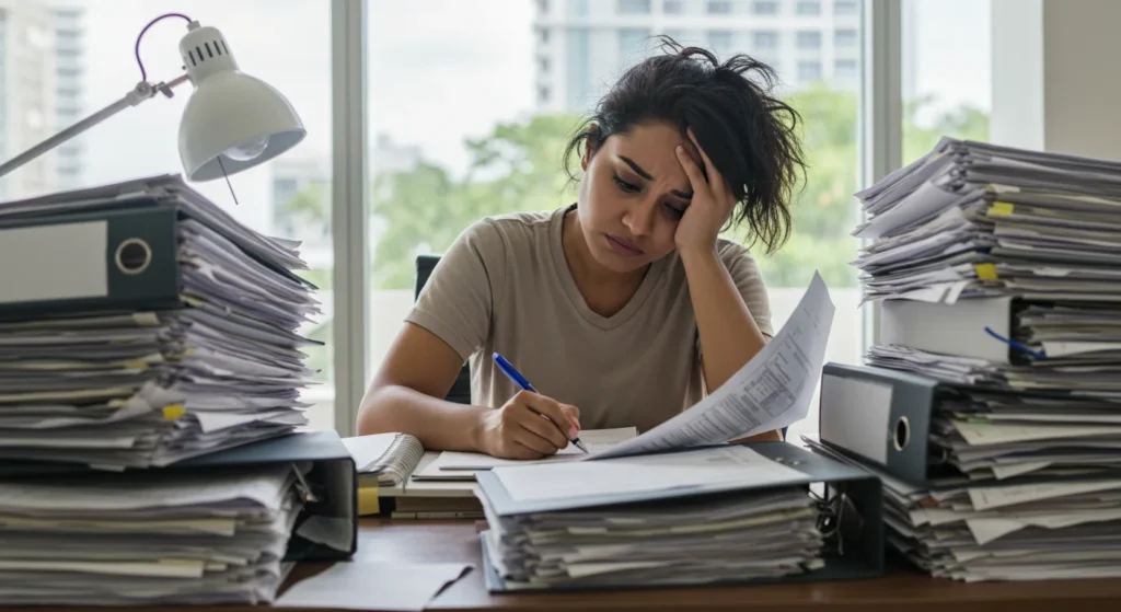 Overwhelmed small business owner dealing with disorganized tax documents and financial stress.